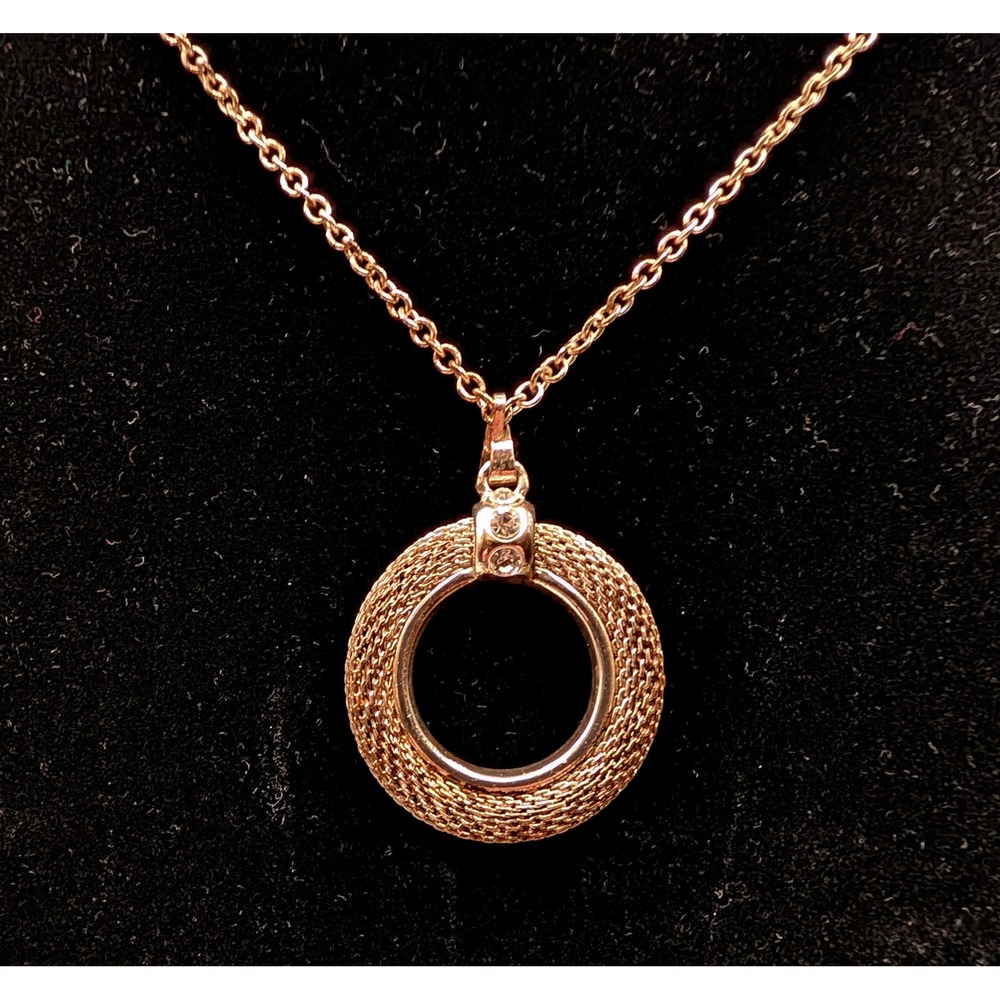 PMA Gold Tone Mesh Circle Pendant Necklace Rhinestone Accent 16 Inch Chain